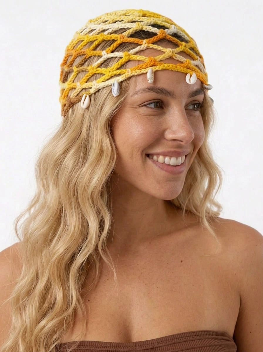 Crochet headpiece - Yellow and white with shells