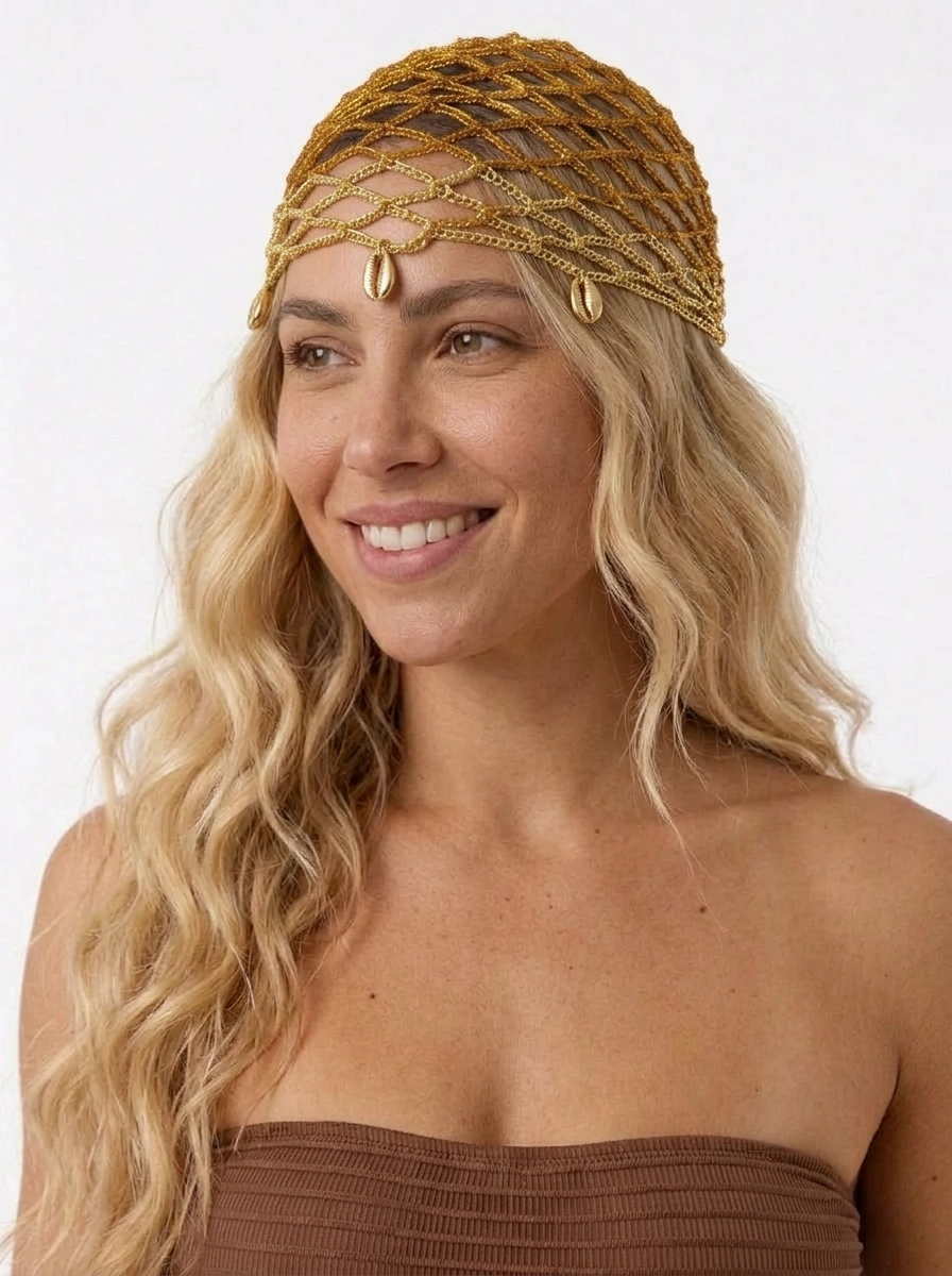 Crochet headpiece - Orange and Gold with gold shells