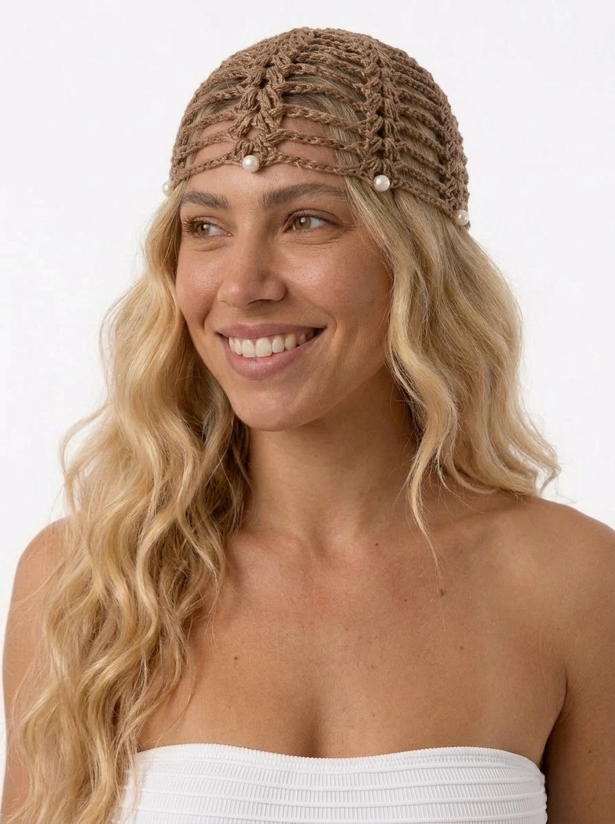 Crochet headpiece - Tan with Pearls