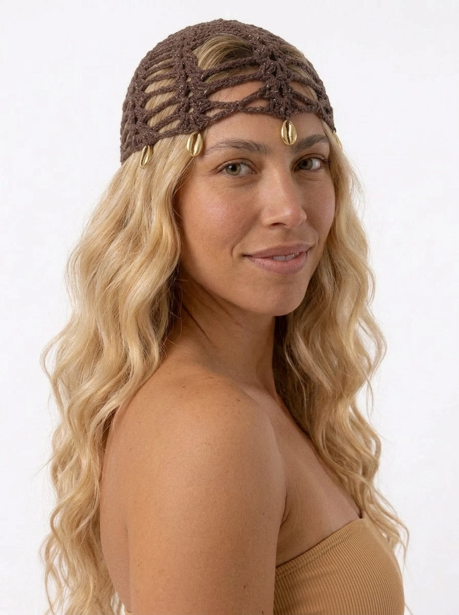 Crochet headpiece - Brown/Gold Shells